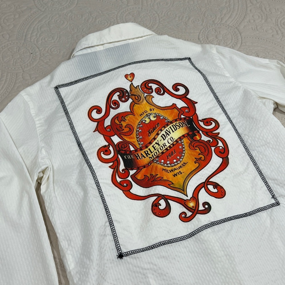 Harley Davidson‎ Womens White Striped Button Up Back Graphic Rhinestone Shirt M